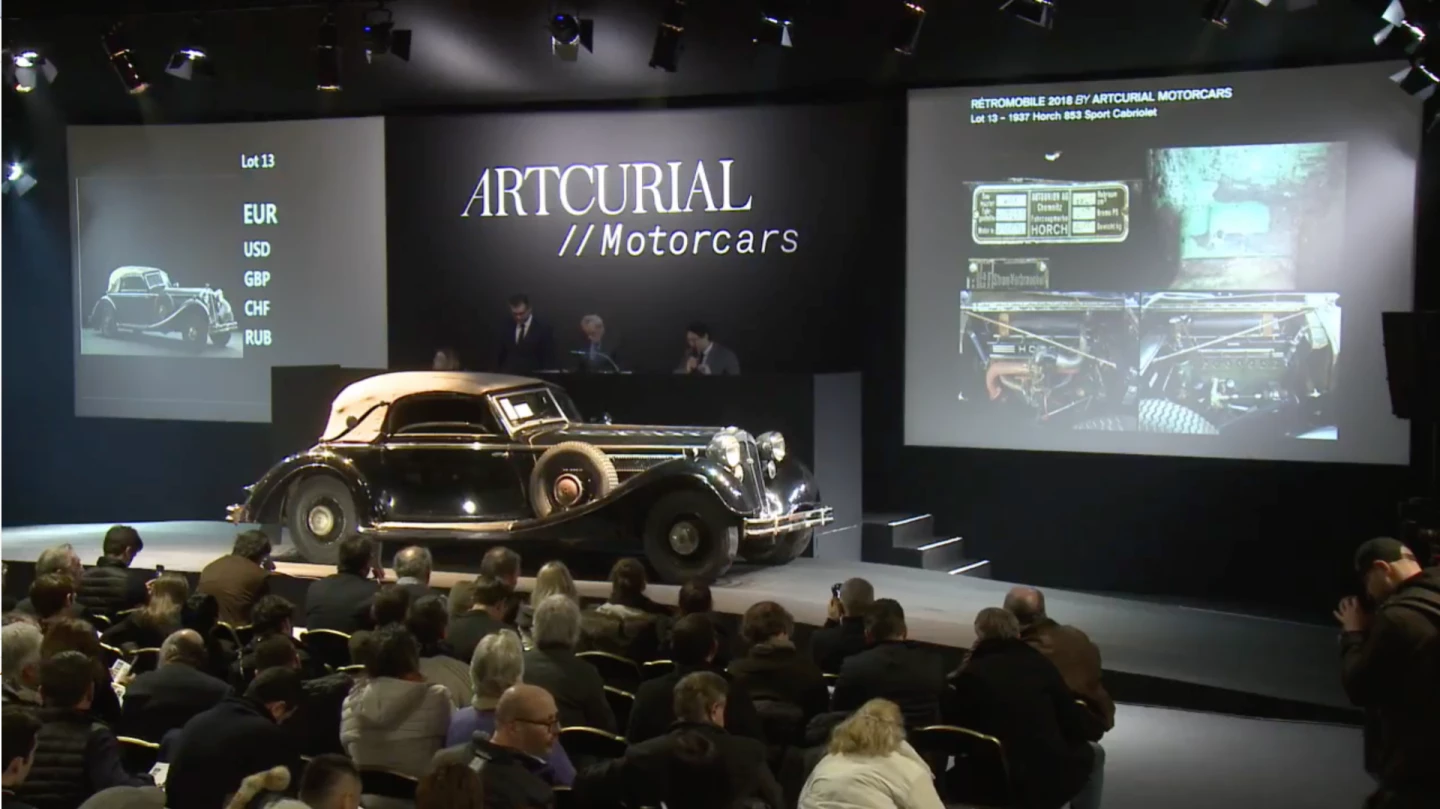 Horch was the only serious domestic rival to Mercedes-Benz in the decade prior to WW2, with the brand eventually becoming Audi. Introduced in 1936 season, the 4.9-liter Type 853 used an inline eight cylinder engine driving through a four-speed overdrive gearbox and with servo-assisted hydraulic brakes. The Horch 853a Sportcabriolet is a masterpiece, and though 950 were built, only a handful survive. Surprisingly, two such cars were offered at auction in Paris, with this car original in every respect except for a paint job in the 1950s. It was presented at auction with an 80-page report by historian and Horchspecialist Karl Schack. Original with a meticulous history, it sold for $774,065 (€631,760).