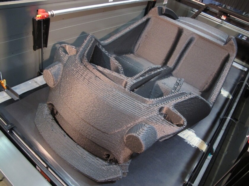 The strati was printed using a Big Area Additive Manufacturing machine from Cincinnati Inc. & Oak Ridge National Laboratory