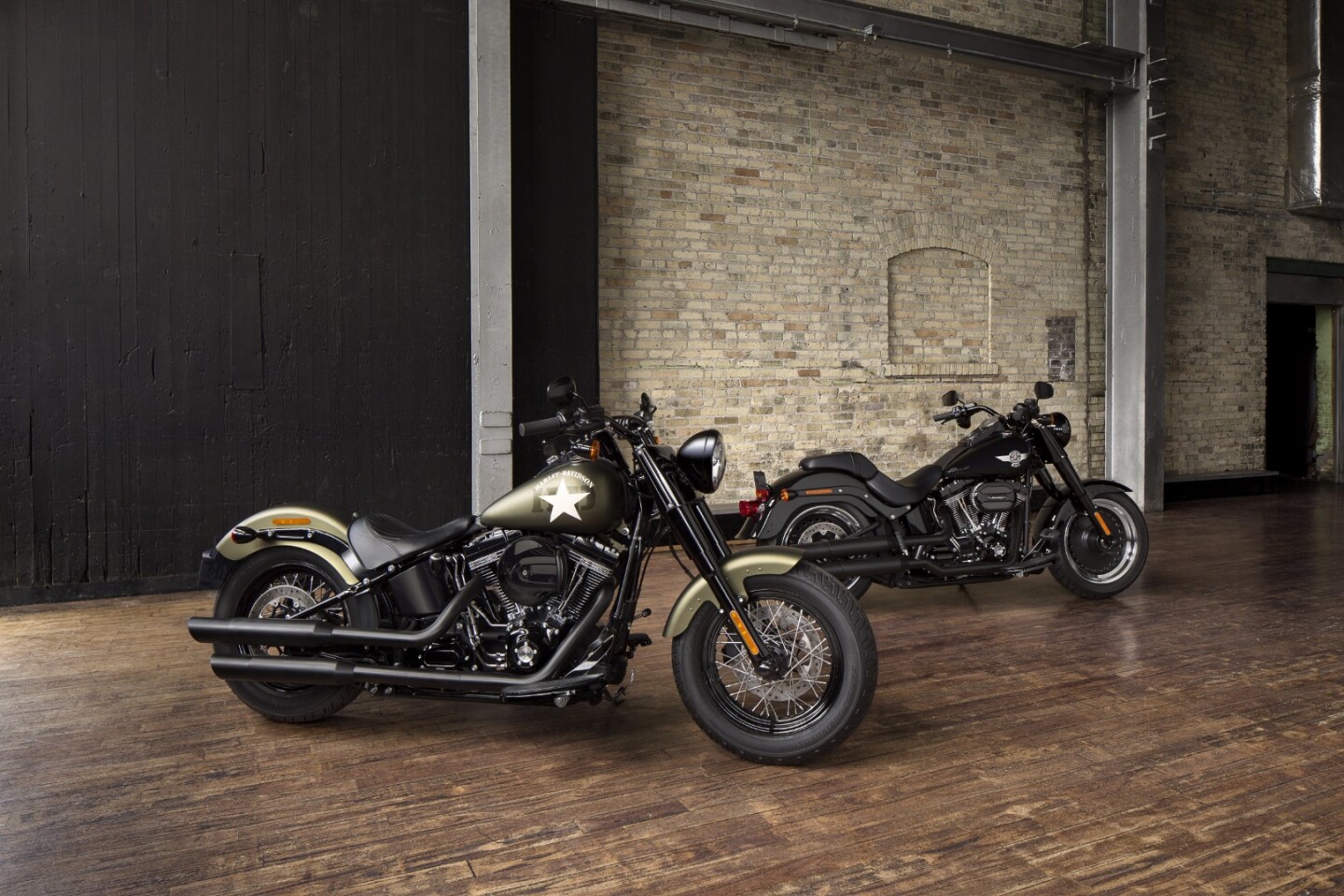 2016 Harley-Davidson Softail Slim S (foreground) and Fat Boy S (background)
