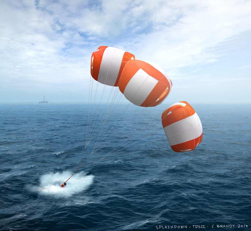 Artist's impression of Tycho Deep Space II splashing down under deployed parachutes