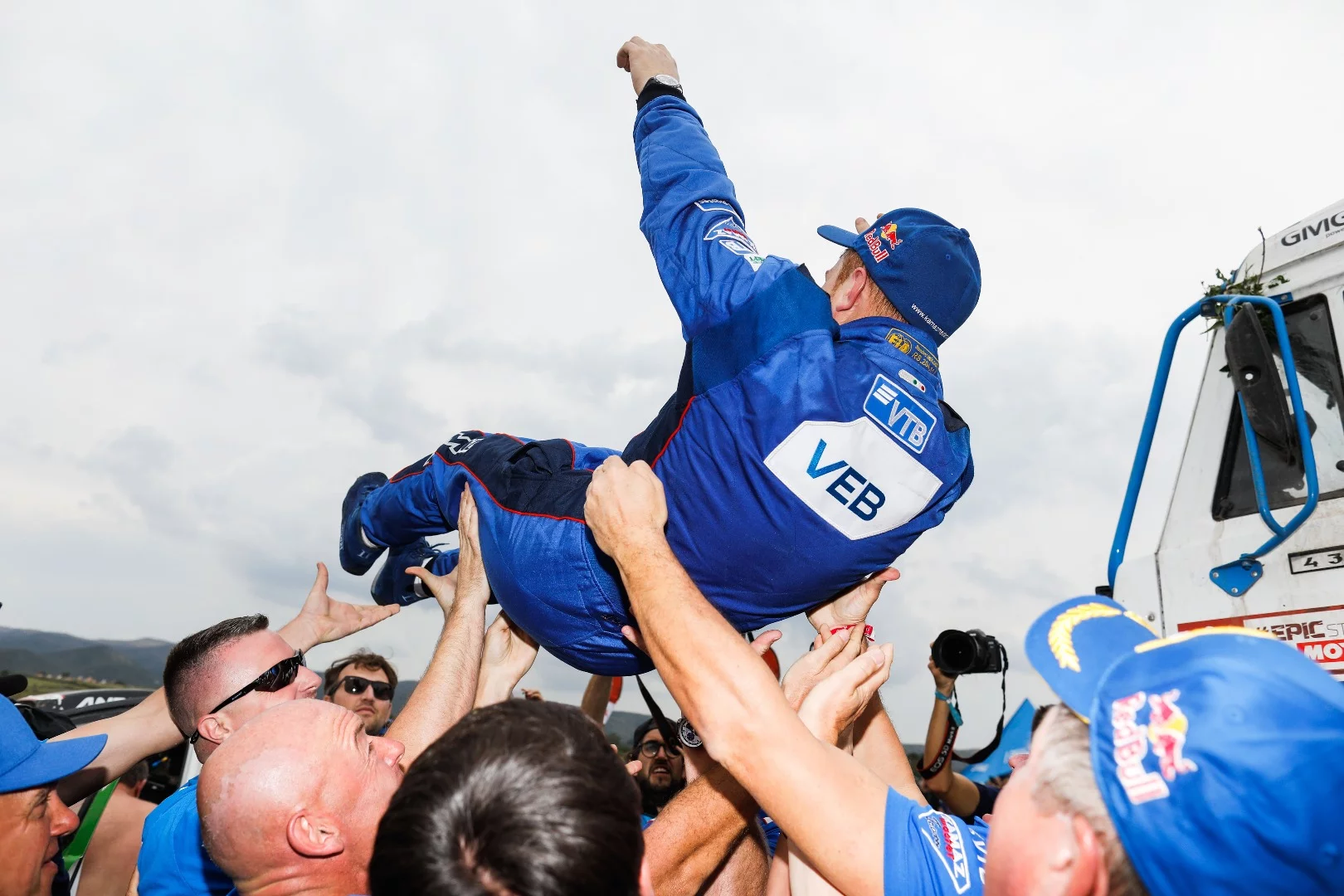 Winning Kamaz truck driver Edouard Nikolaev tries a different way of getting airborne