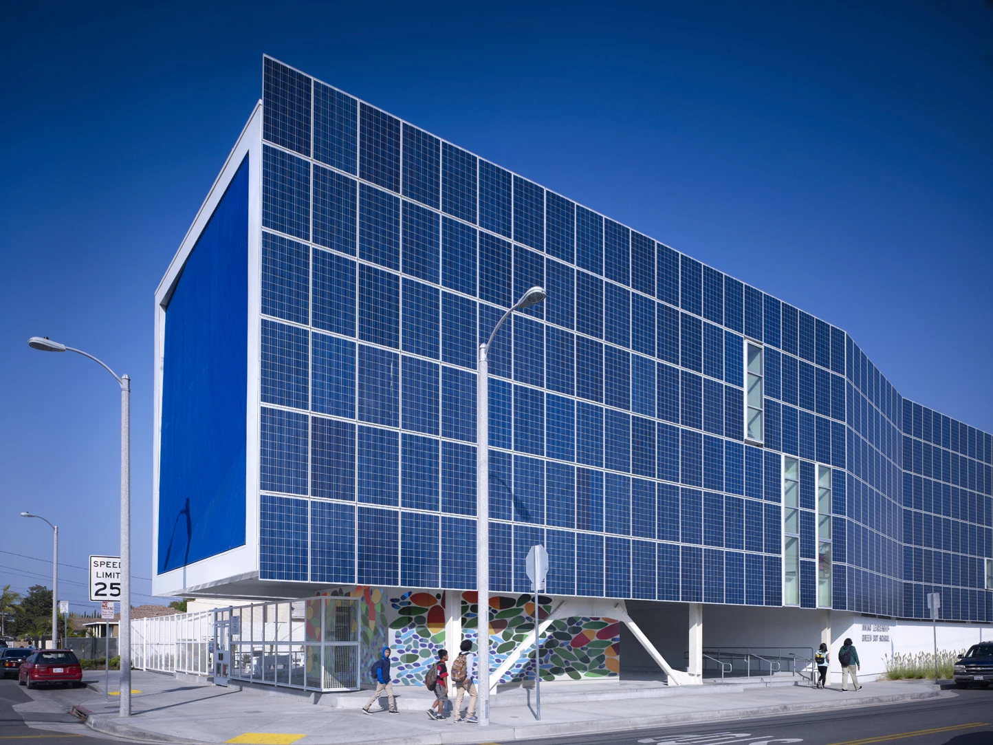 Green Dot Animo Leadership High School in Inglewood, Los Angeles, features a dramatic external solar wall
