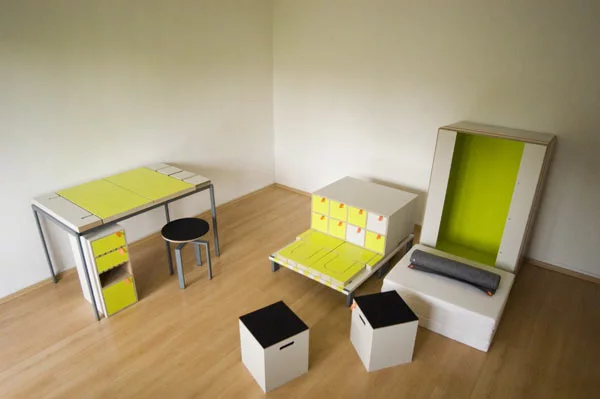 Casulo contains an armoire cupboard, desk table and cabinet, height-adjustable revolving chair, two stools and a bed with mattress