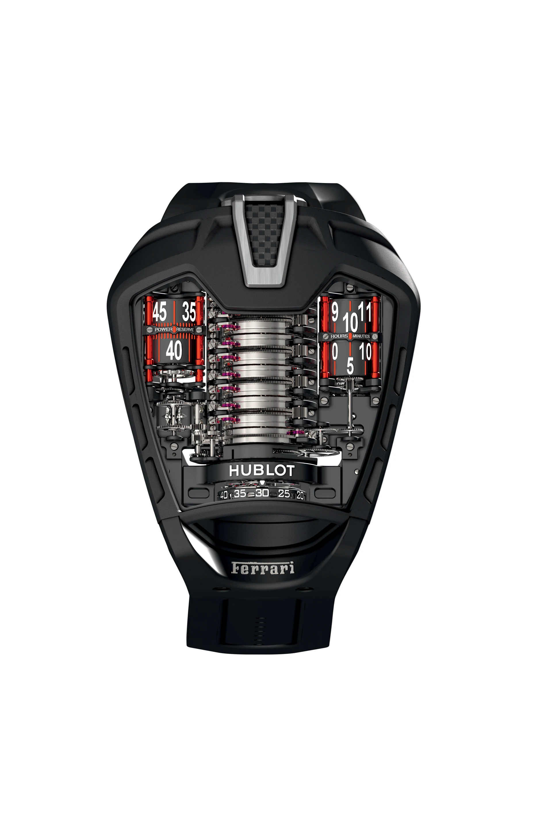 The MP-05 LaFerrari watch features a sapphire crystal face designed to resemble the outline of the Ferrari supercar