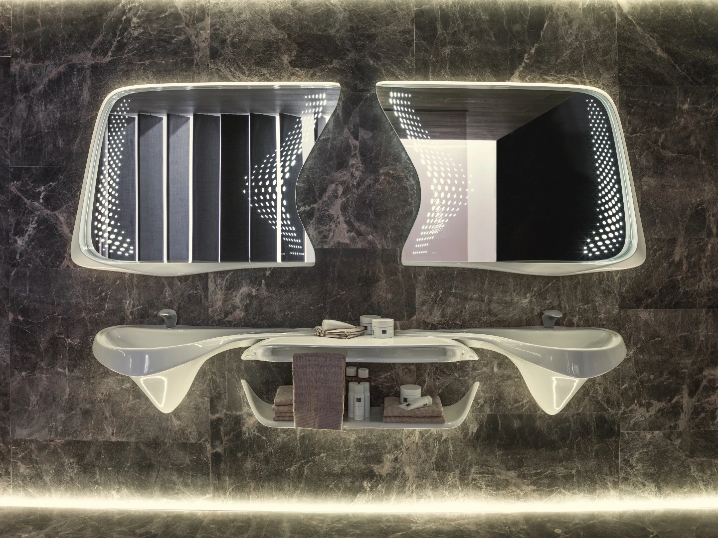 The mirror set is the most intricate piece, and includes LED lights, right and left basins, double vanity units, top shelf and towel rails