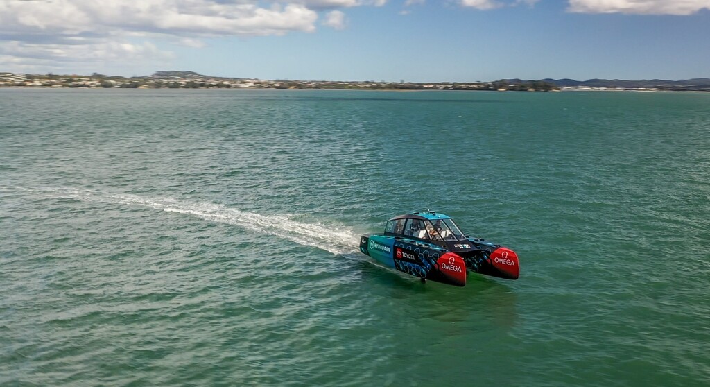 Emirates Team New Zealand’s hydrogen-powered Chase Zero chase boat on the water at Waitematā harbor