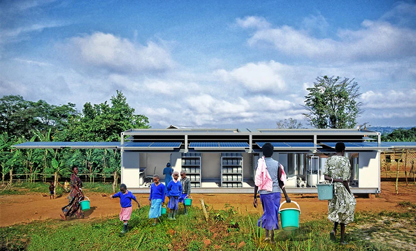 PowerCube is deployed as a shipping container and morphs into a power stations, communications base and water treatment plant with the push of a button