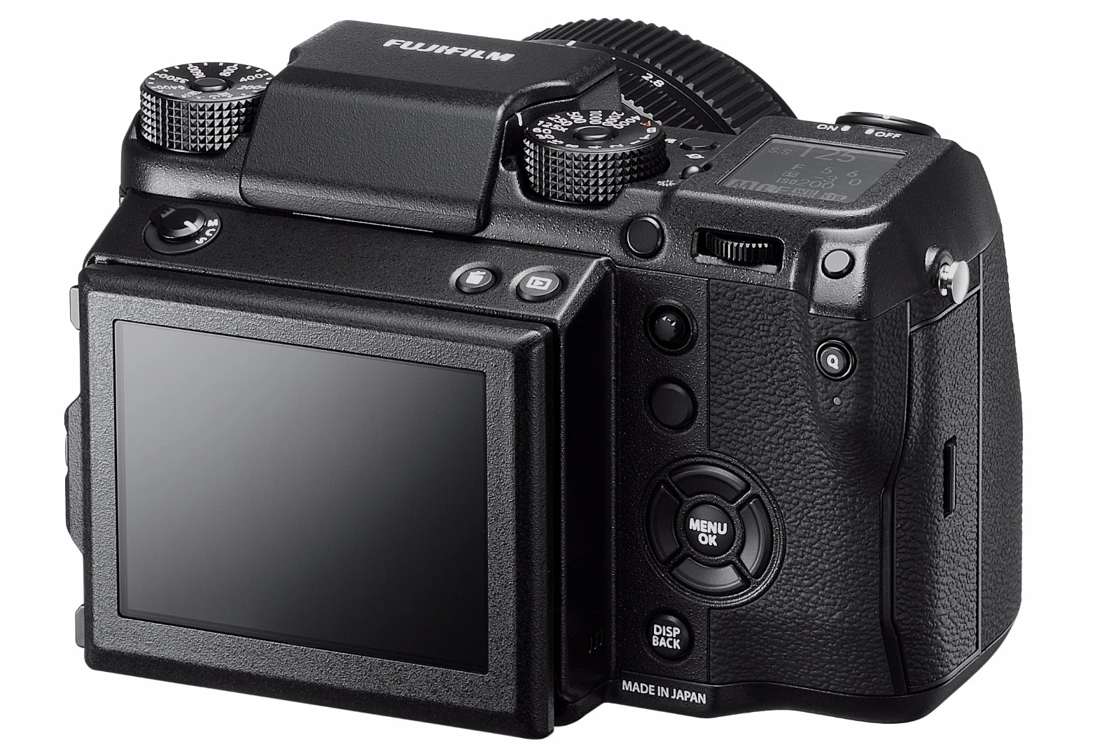 There's a large 3.2-inch tilting touchscreen on the rear of the Fujifilm GFX 50S