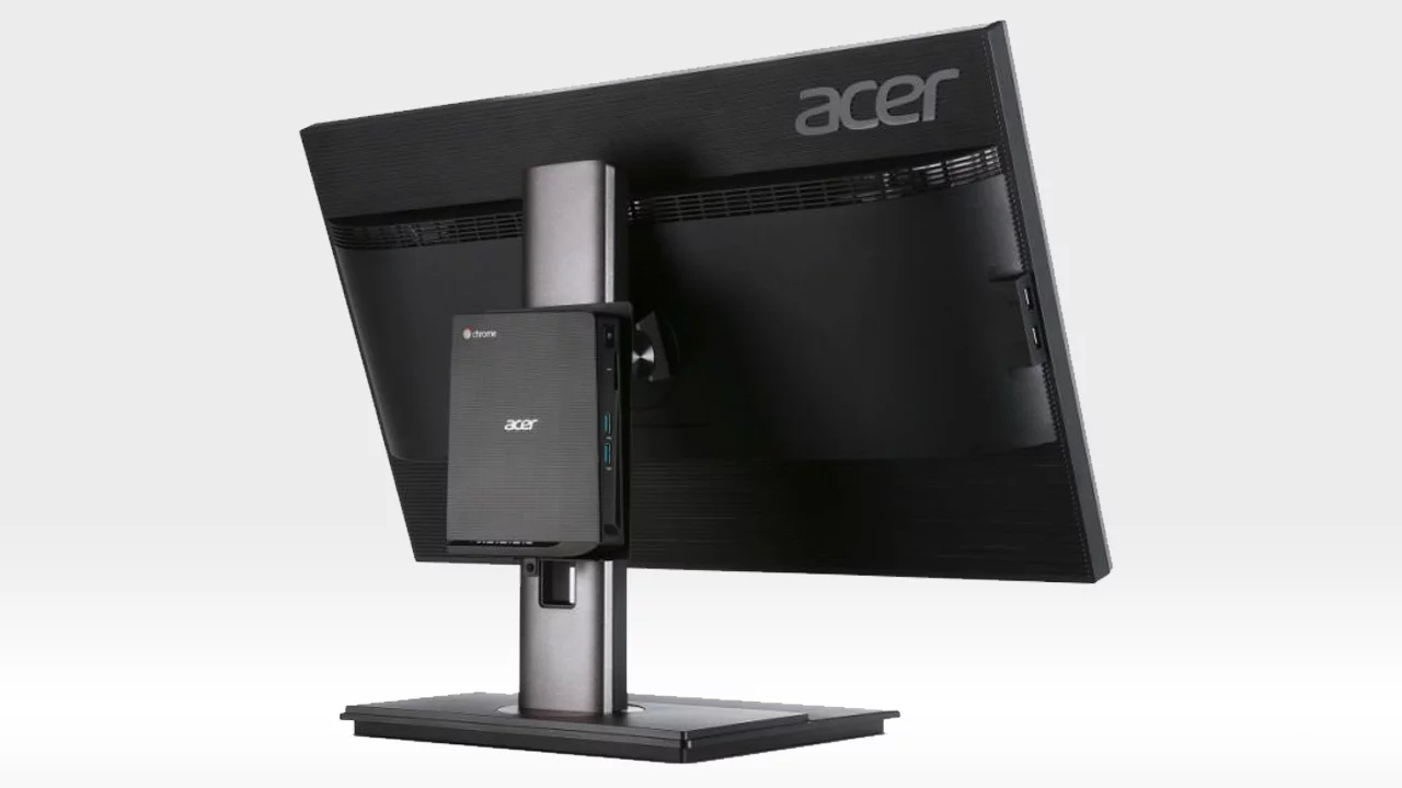 The system can stand upright or be mounted on the back of a compatible monitor