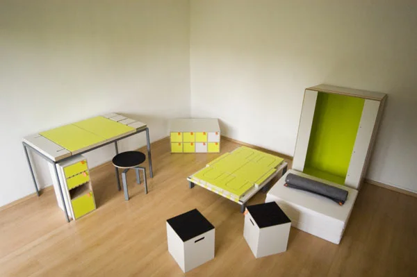 Casulo contains an armoire cupboard, desk table and cabinet, height-adjustable revolving chair, two stools and a bed with mattress