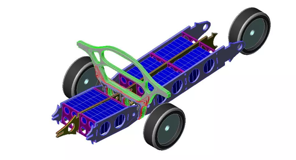CAD drawing showing the batteries in place, and the position of the center bulkhead
