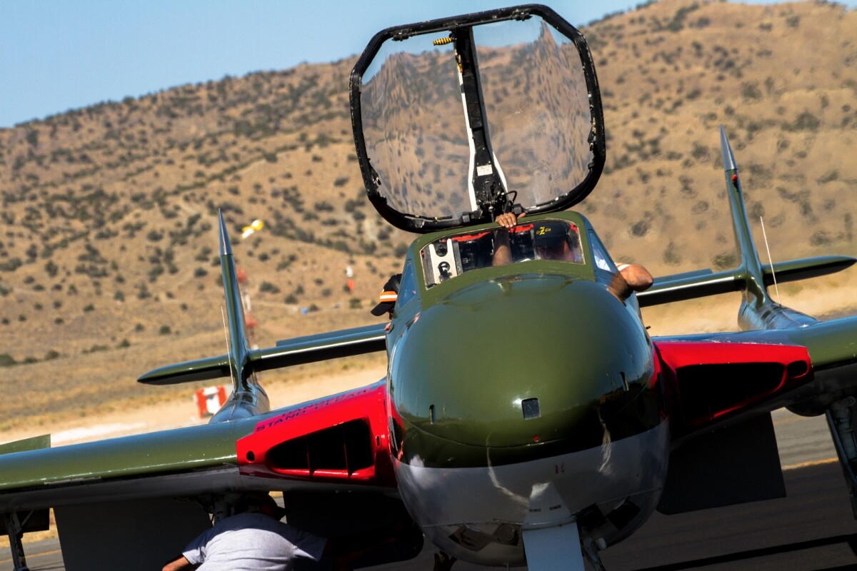 The large intakes of a Vampire jet