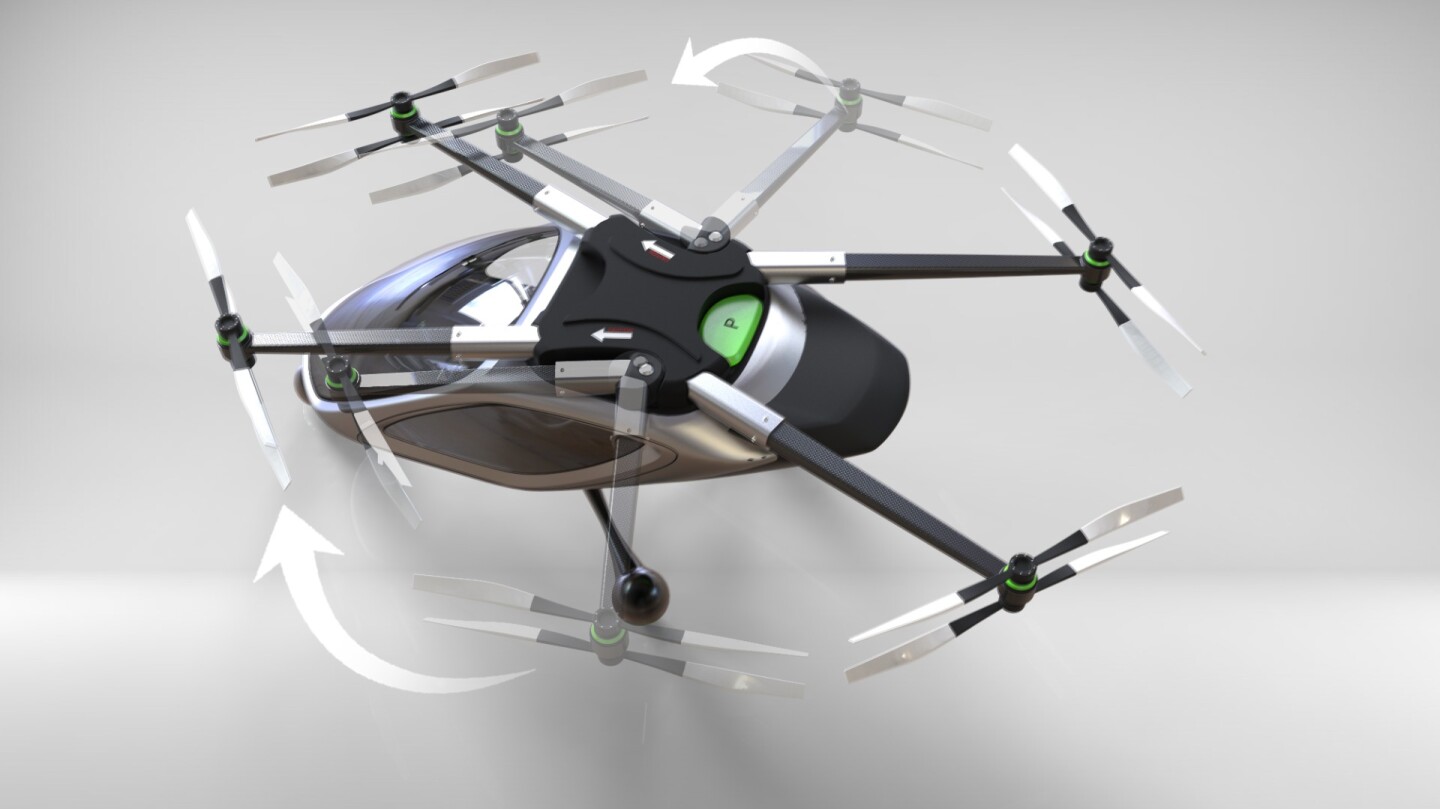 Jetpack Aviation's electric VTOL concept: central rotor arm folds away to make the whole vehicle fit in a single car garage space