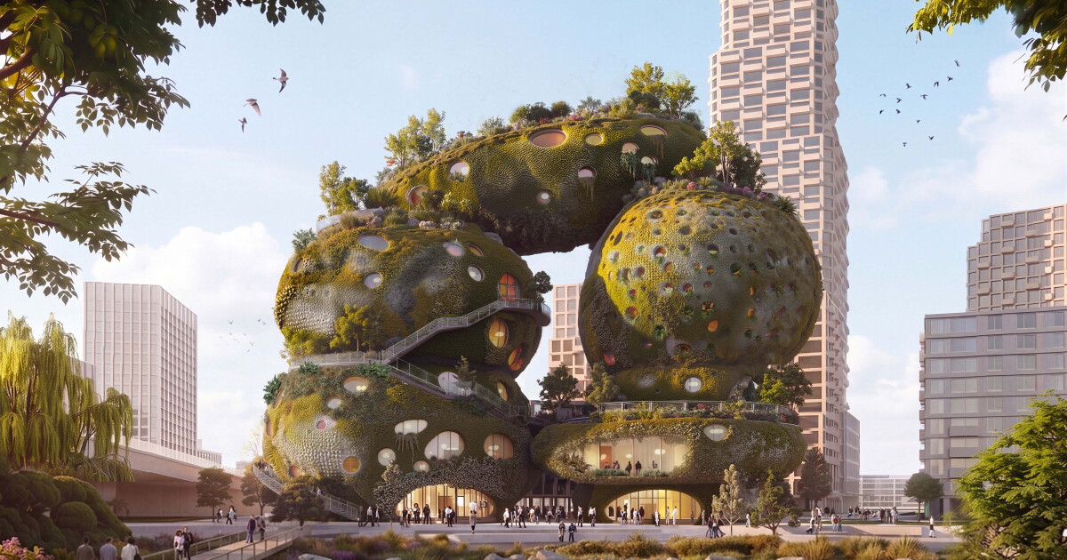 Rotterdam Rocks! is a planned mixed-use building that takes the form of seven giant moss-covered boulders stacked into a tower