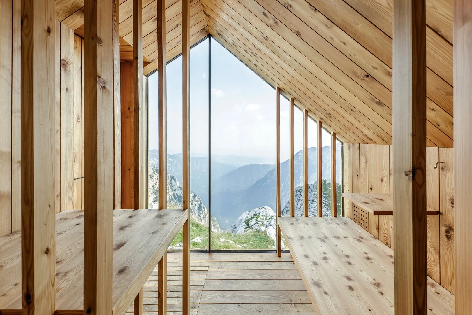 The shelter's three distinct modules help divide the interior space into different living quarters