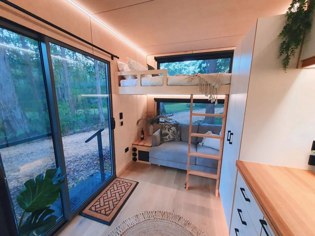 The Chipper's living area is compact though looks light-filled thanks to generous glazing, together with strip lighting