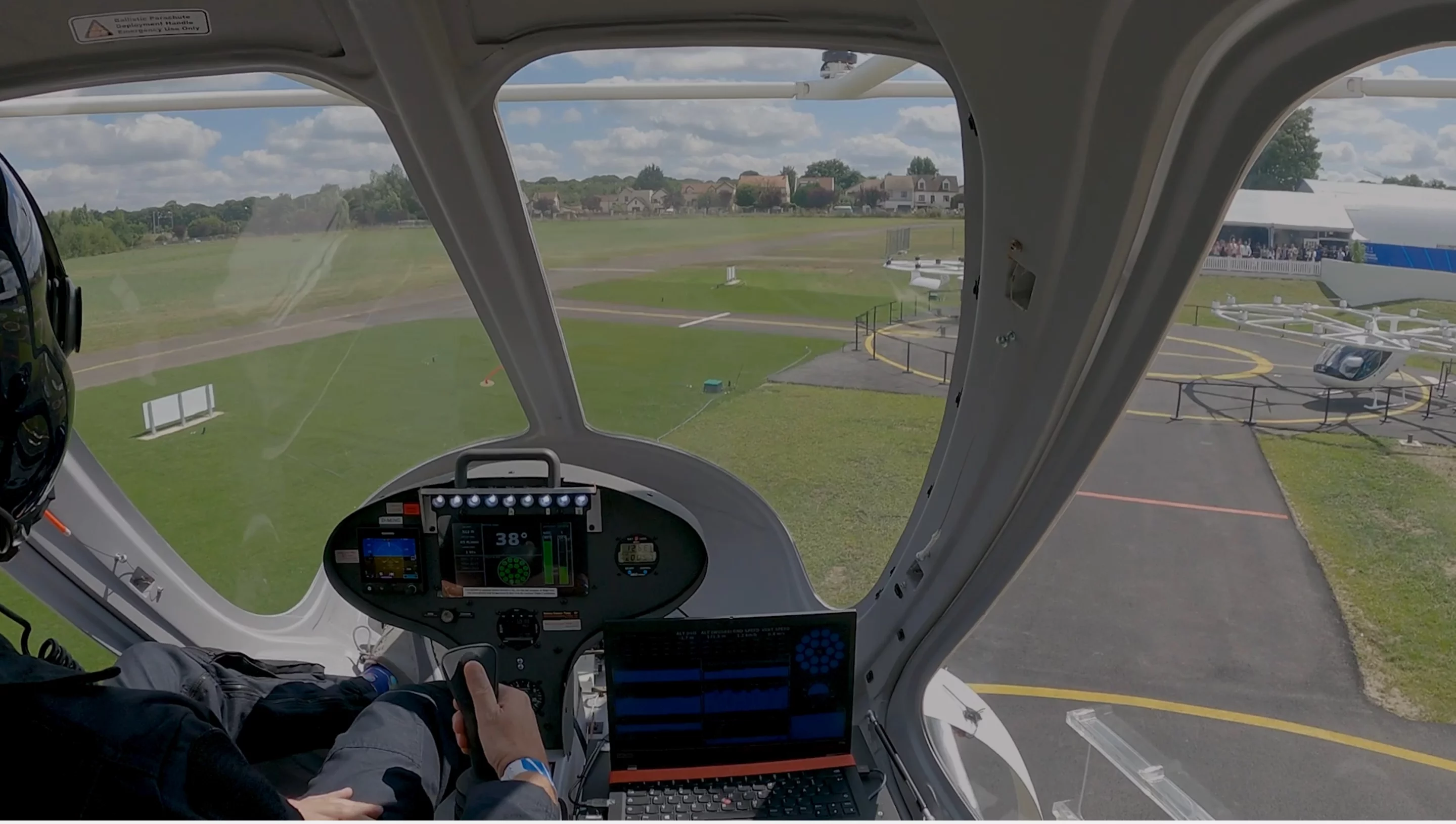 Pilot's view of the test flight at the Aerodrome of Saint-Cyr-l'École, a few miles outside of Paris