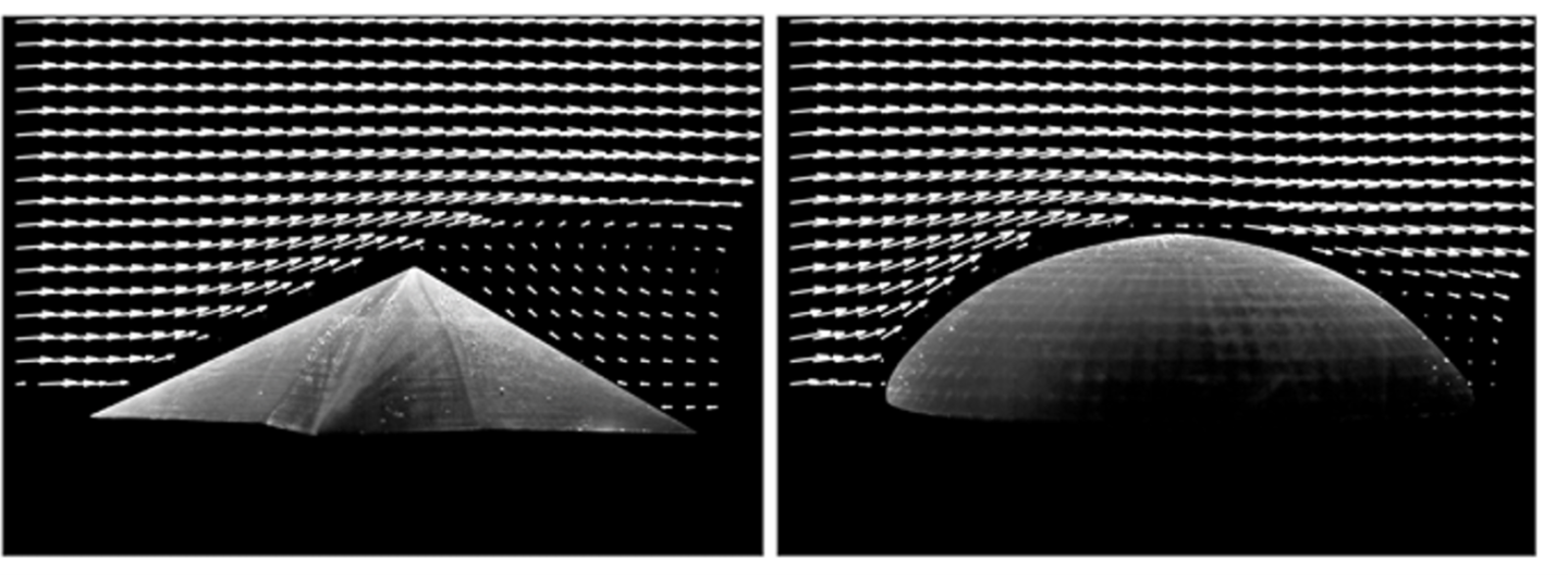 The water flow around a starfish-shaped model (left) versus a spherical dome – computer simulations showed a similar effect
