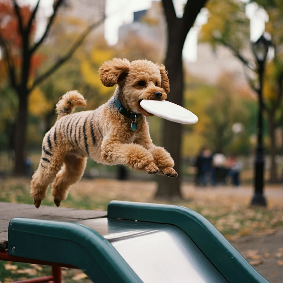 A picture of my tiger-striped dog jumping off a slide having just caught a frisbee. Just kidding, it's actually an AI-generated image using Google's ImageFX, watermarked with SynthID