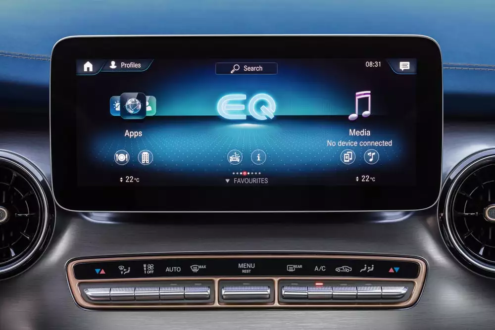 An EQ-specific menu offers information about the electric drive and charging