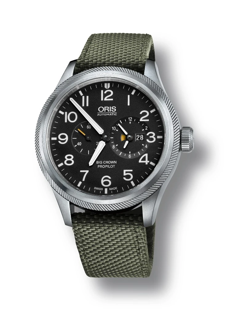 The Oris Big Crown ProPilot Worldtimer with green fabric band