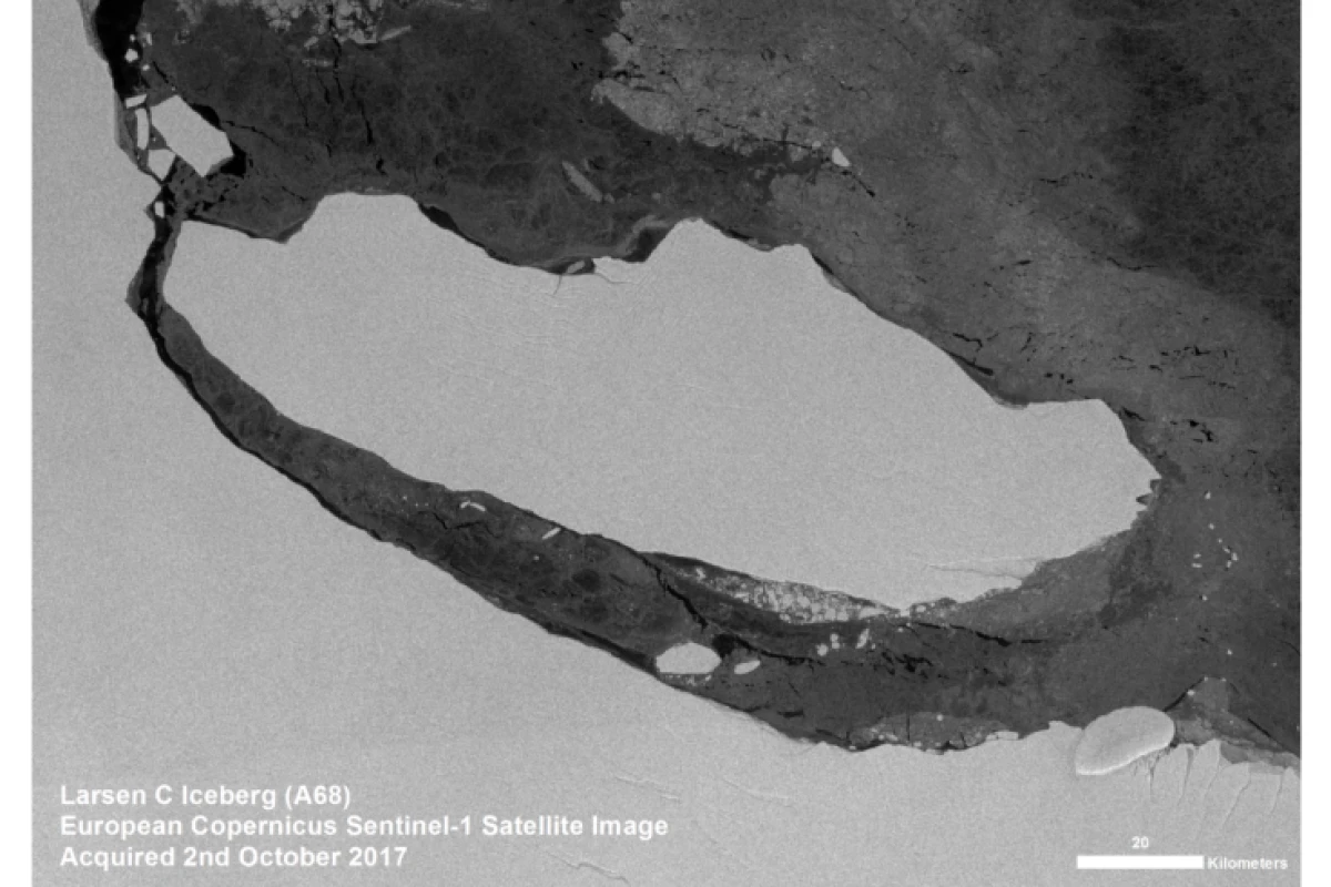 A satellite image of the giant iceberg A68, soon after it broke off from the Larsen C ice shelf