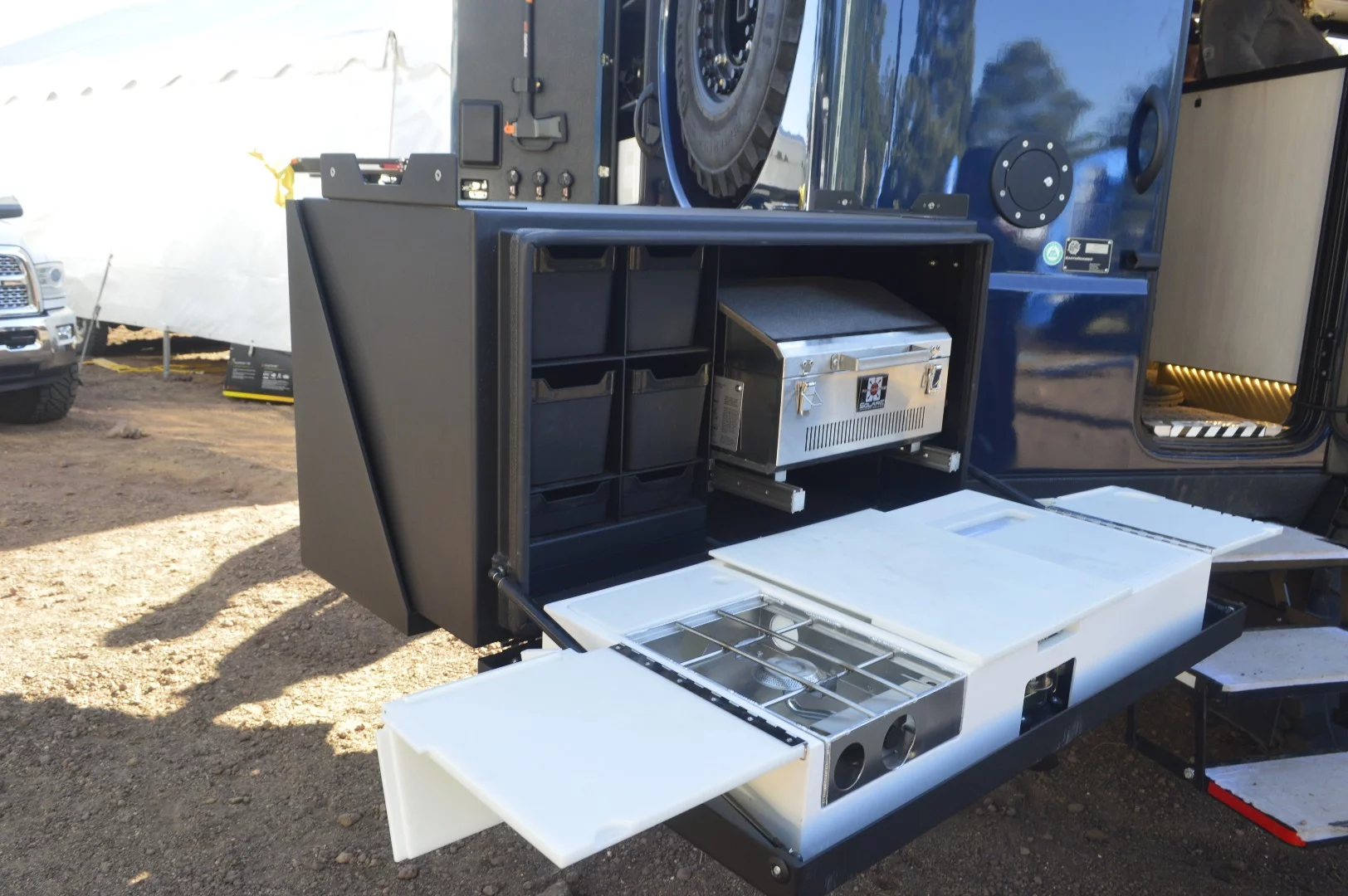 The swing-out exterior kitchen has become cleaner and more integrated since we looked at it in 2014