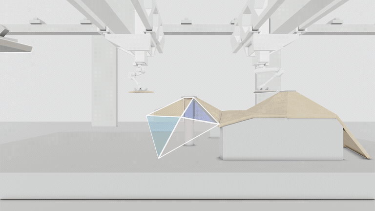 Four robots assemble wooden pods for a sustainable architecture project, using Intrinsic's motion planning software