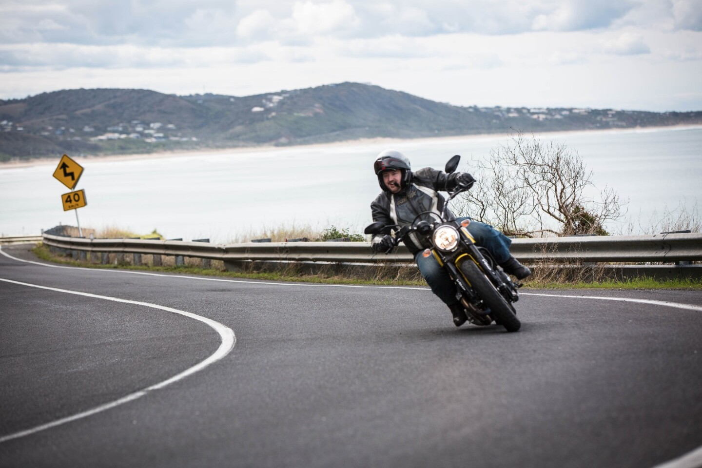2015 Ducati Scrambler – you can't tip it over much more than this without causing a shower of sparks