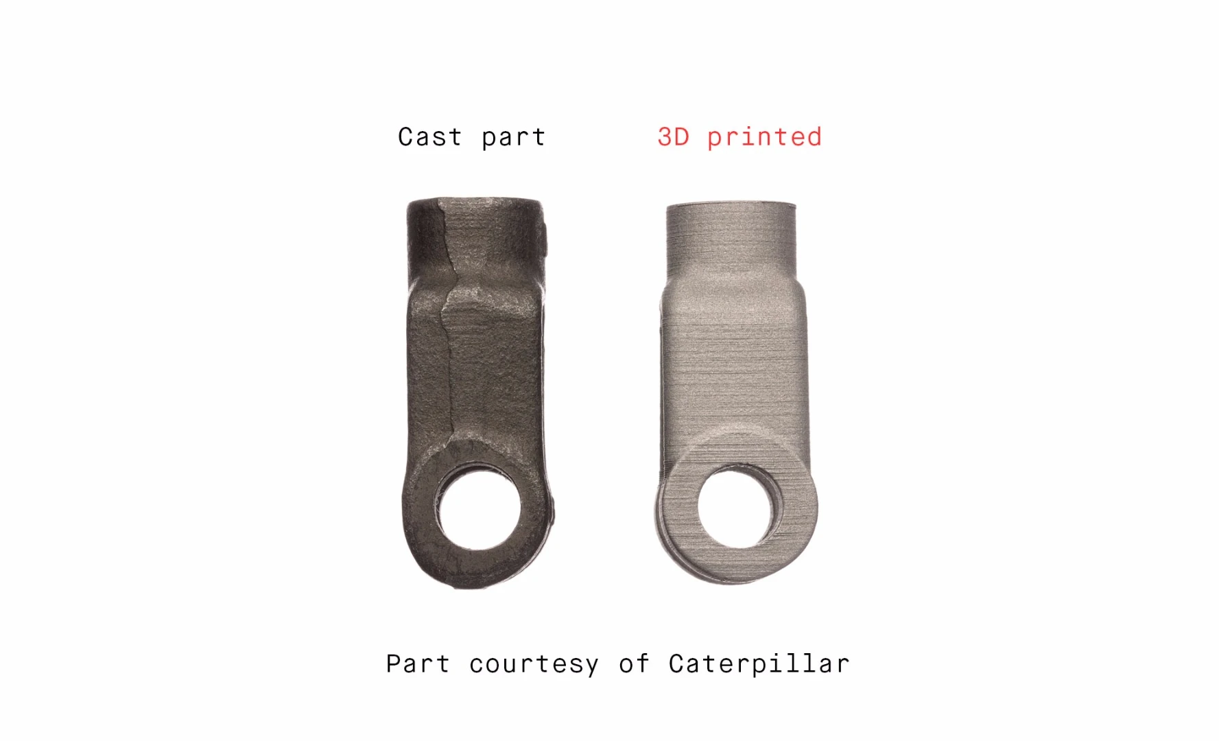 Cast side by side – (right) A yoke for a brake assembly produced with the DM Studio System as a replacement part for heavy machinery and (left) the original part that was cast and machined.