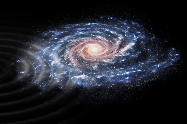 An artist's rendition of ripples in the outer disc of the Milky Way, which are believed to have been caused by a collision with the "ghost" galaxy Antlia 2