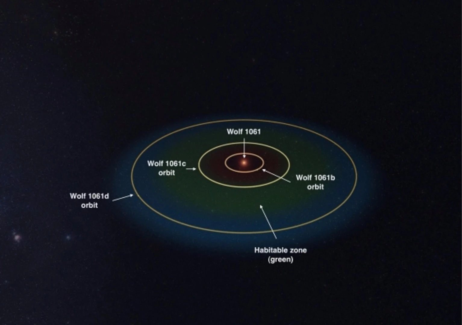 Wolf 1061 and its orbiting planets with the habitable region in green