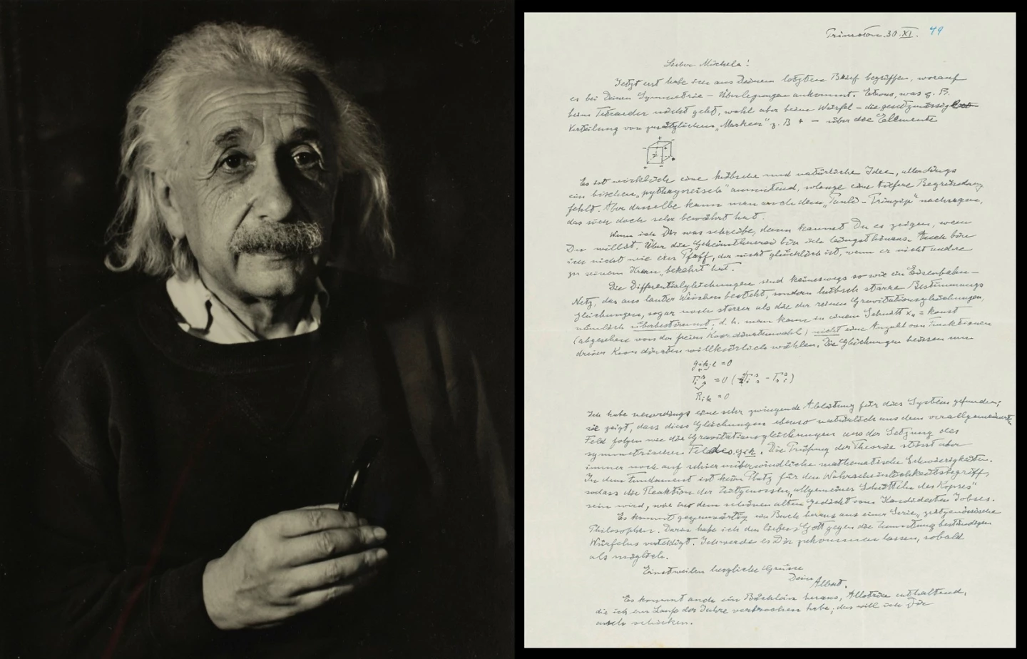 Dated October 30, 1949, this letter contains reference to one of Einstein's most famous quotations. He writes of a recently published book about him (Albert Einstein: Philosopher-Scientist, ed. P.A. Schilpp, 1949) and reflects, "Darin habe ich den lieben Gott gegen die Zumutung beständigen Würfelns verteidigt" (In it I have defended the good Lord against the insinuation that he plays a continual game of dice). Einstein's dice quote has been one of continual fascination to scientists ever since, with some of mankind's finest, such as Stephen Hawking, weighing in on the topic. The letter sold for $137,500 at Christies on July 13, 2017