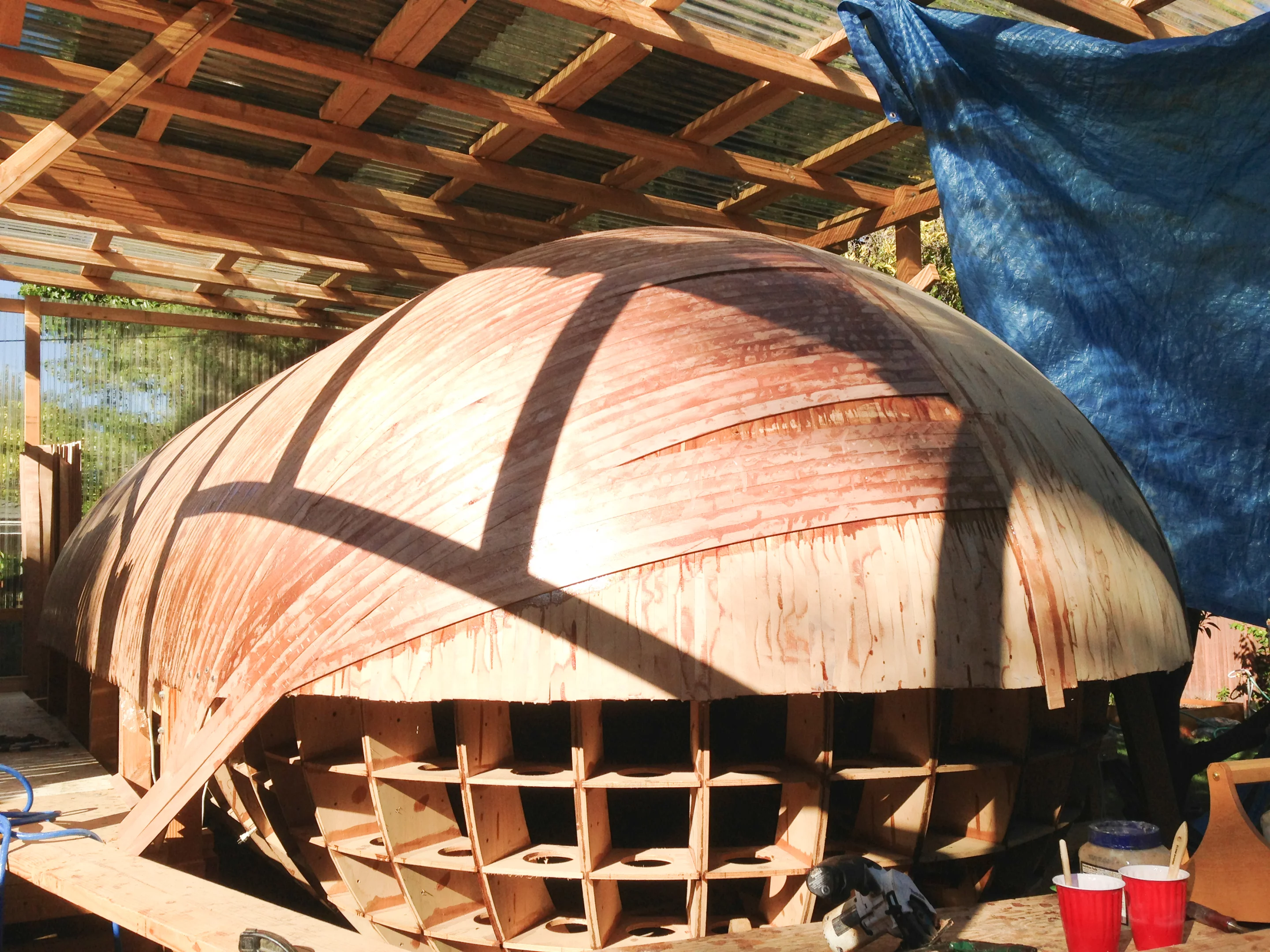 After some two years of painstaking design and construction, the escape pod, dubbed Tsunamiball, nears completion (Photo: Chris Robinson)