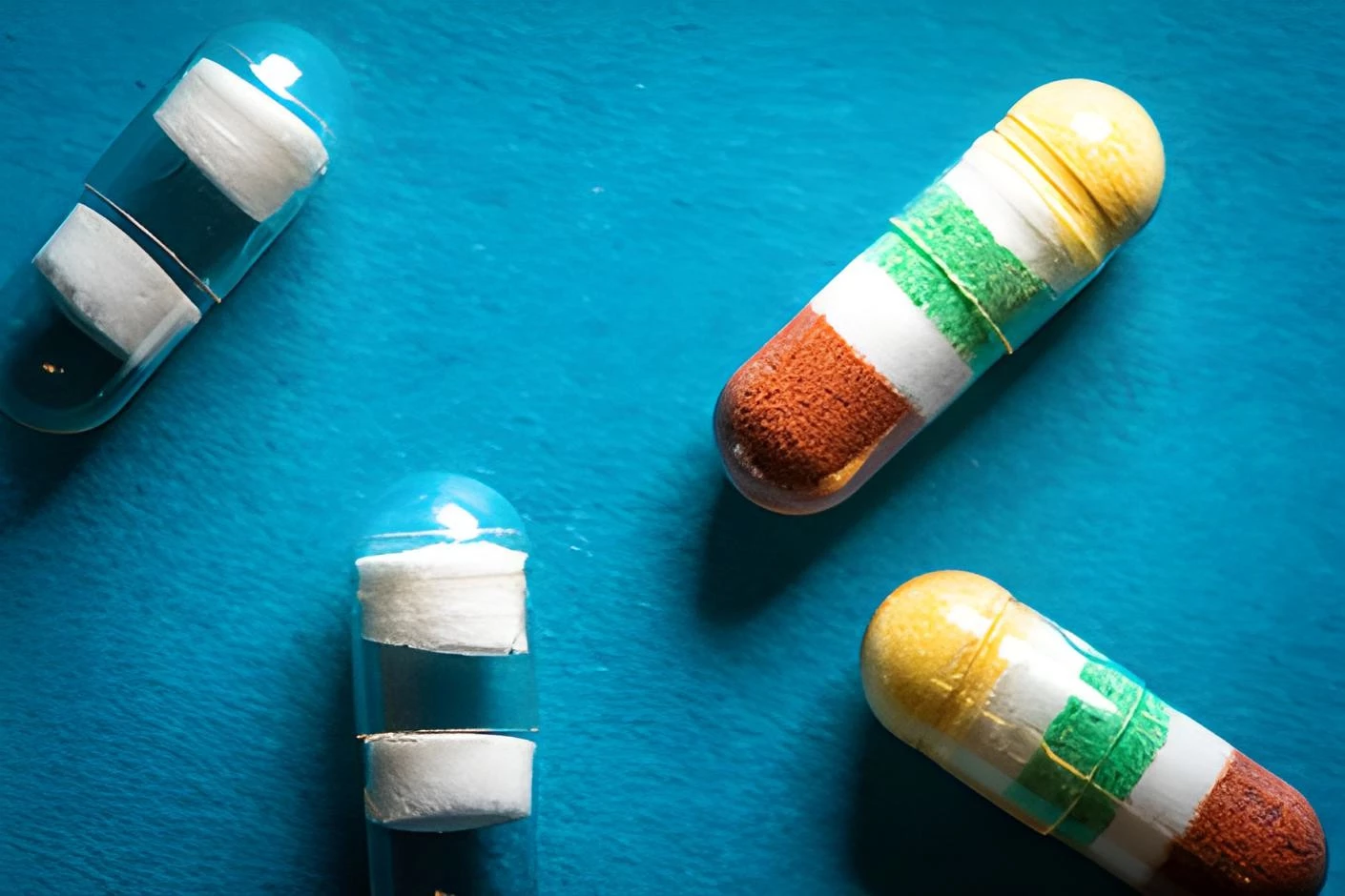 The capsules on the left are empty, showing only the barriers, while those on the right contain colored test medication