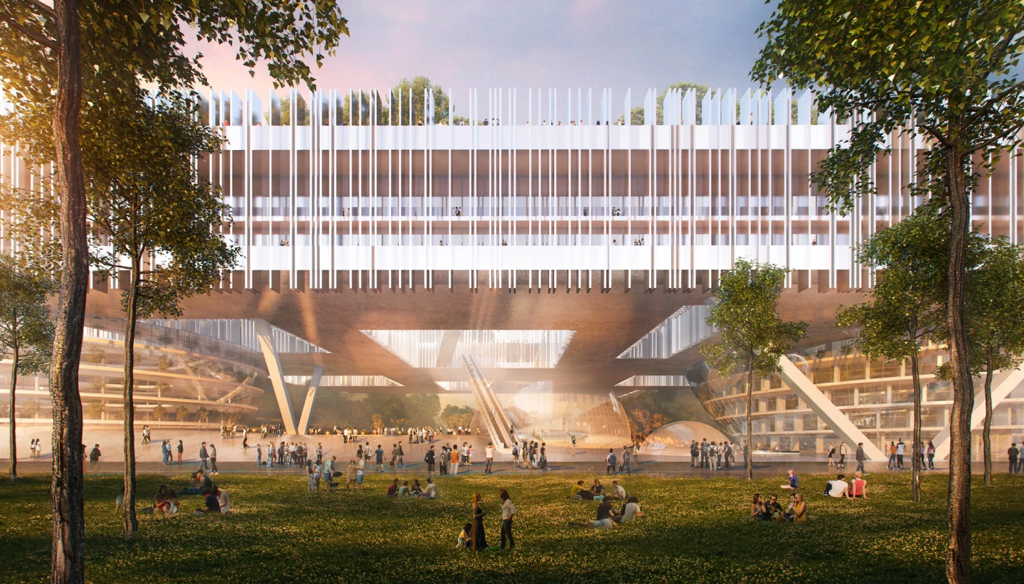 The Shenzhen Institute of Design and Innovation will be raised above the ground on supports, creating pedestrian areas below