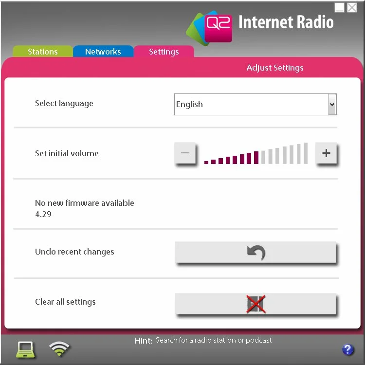 The Settings tab allows users to set the interface language, the initial audio level and check for new firmware updates