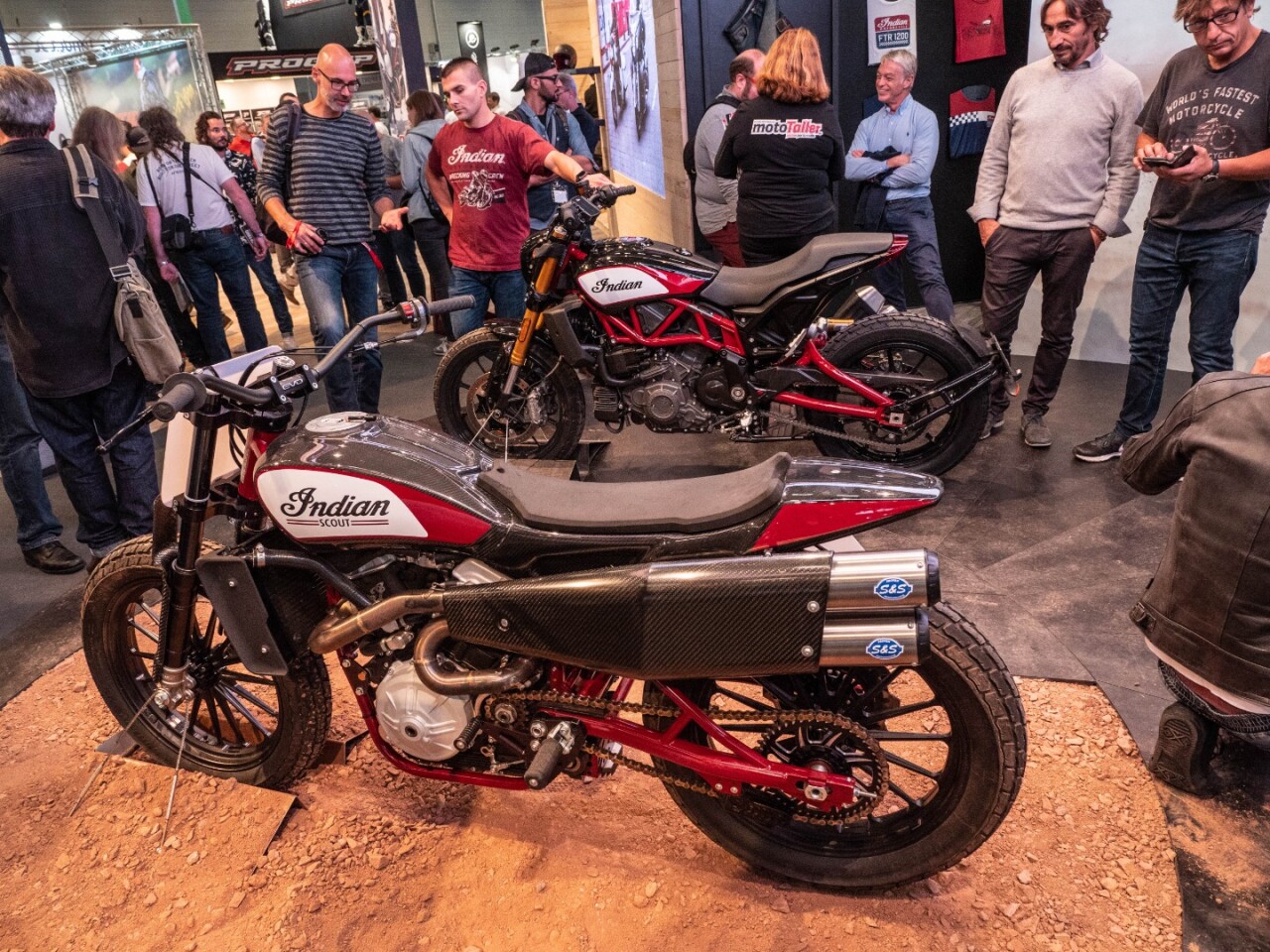 The FTR750 flat track racer, and behind it, the FTR1200 streetbike