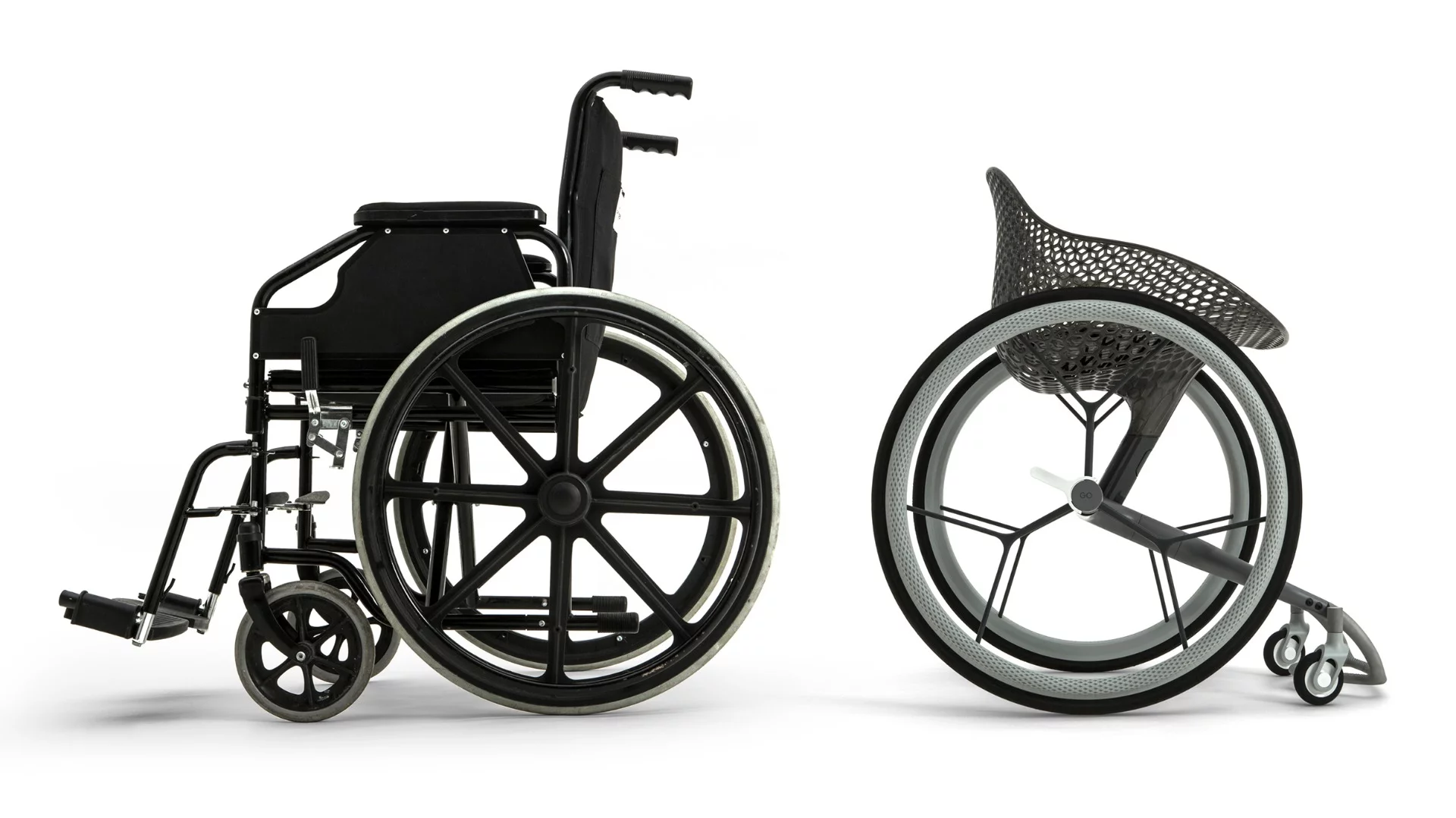 The design of the 3D-printed chair looks slick next to a more standard wheelchair