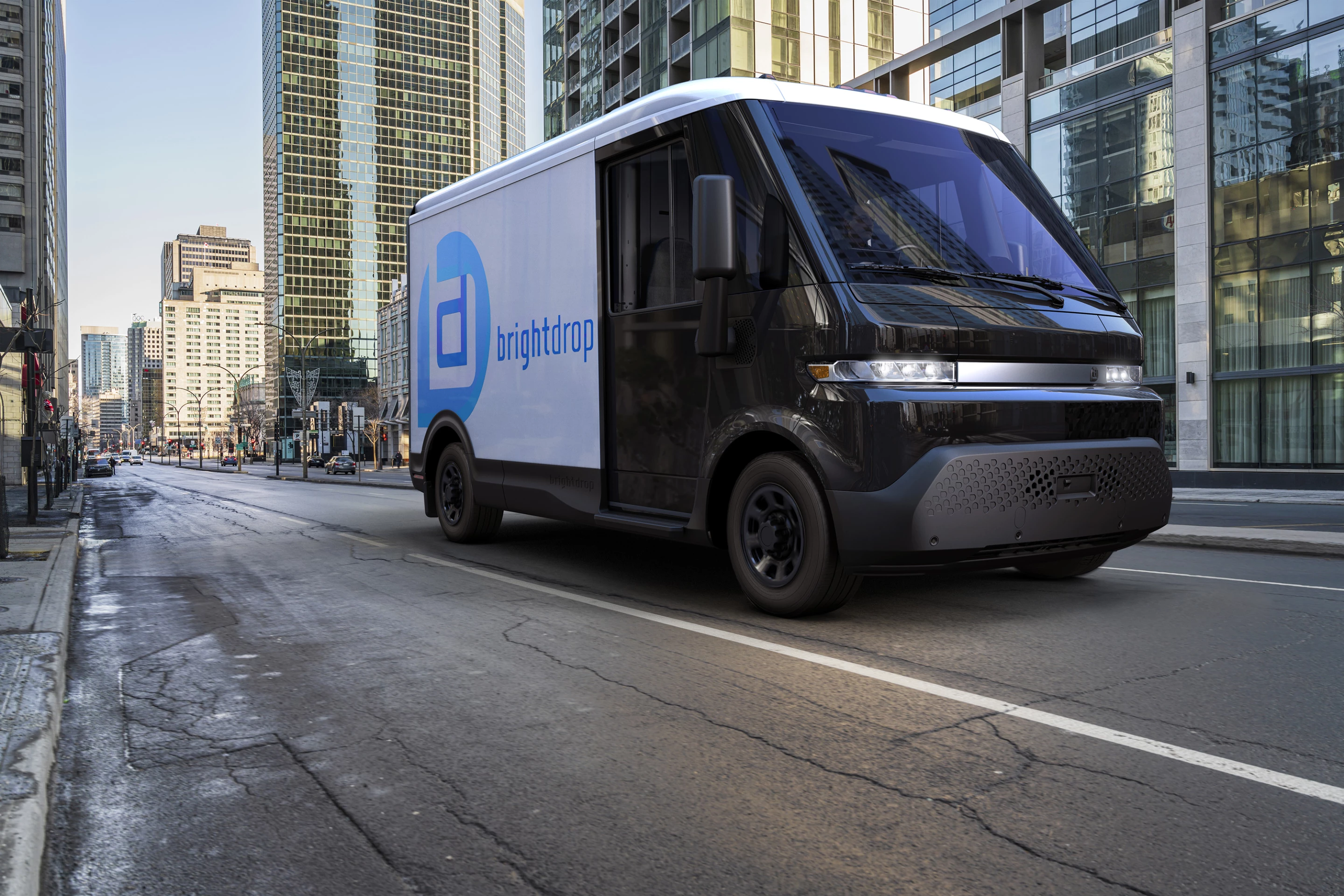 The BrightDrop EV410 will have the same 250-mile range but will be more optimized for maneuvering tight urban streets; GM imagines it finding use for commercial activities like grocery delivery and telecom support