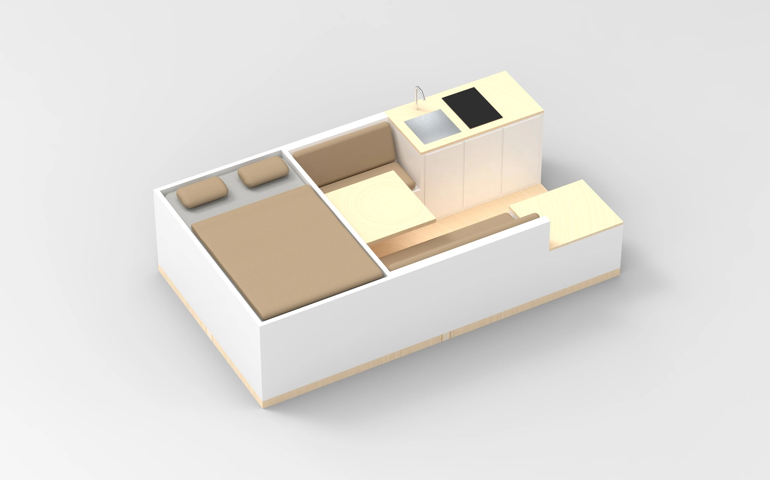 This sample Grounded floor plan is a classic layout with central dinette and front galley