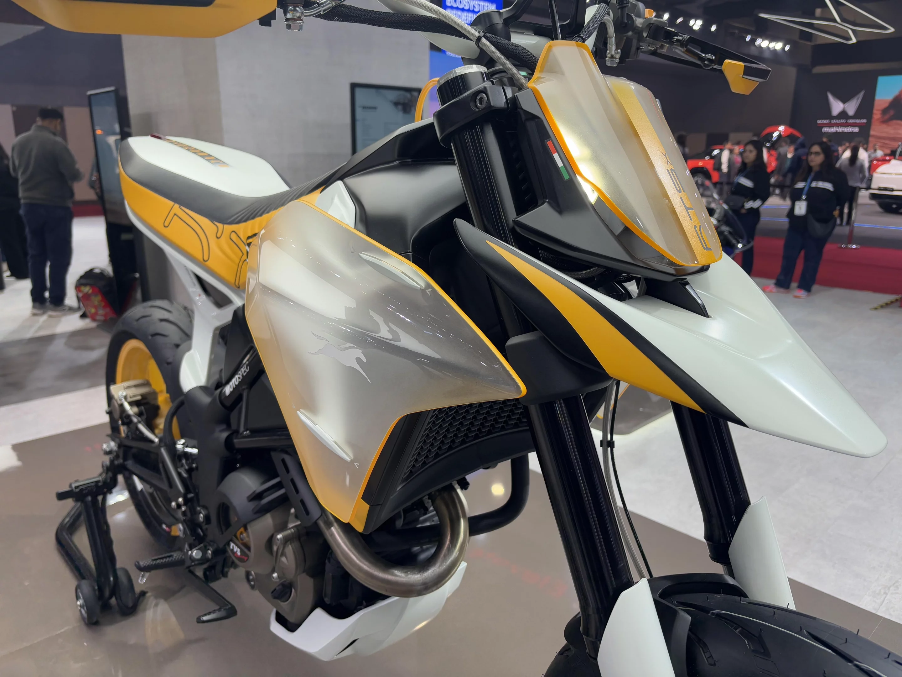 The TVS RTS X Supermoto design is reminiscent of the Ducati Hypermotard