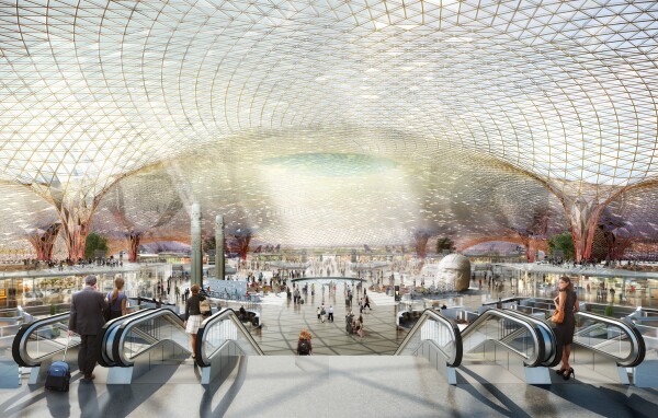 The airport will cover 555,000 sq m (5,975,000 sq ft) and have a vaulted roof that reaches 45 m (150 ft) at its highest point
