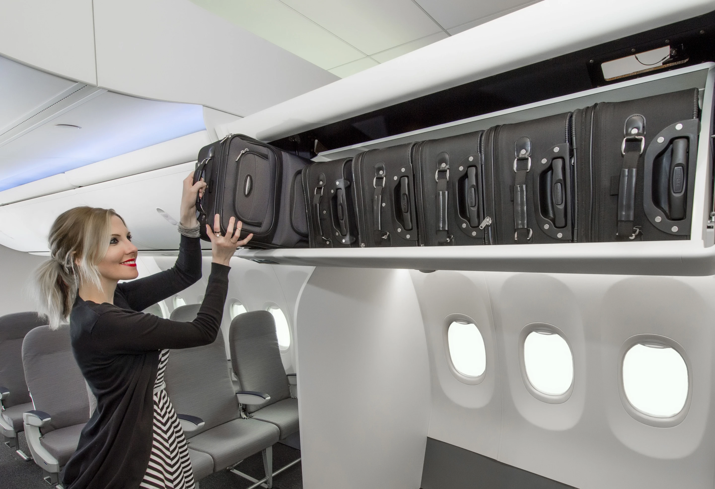 Boeing's Space Bins will stow six bags, two more than the current pivot bins installed on Next-Generation 737s (Photo: Boeing)