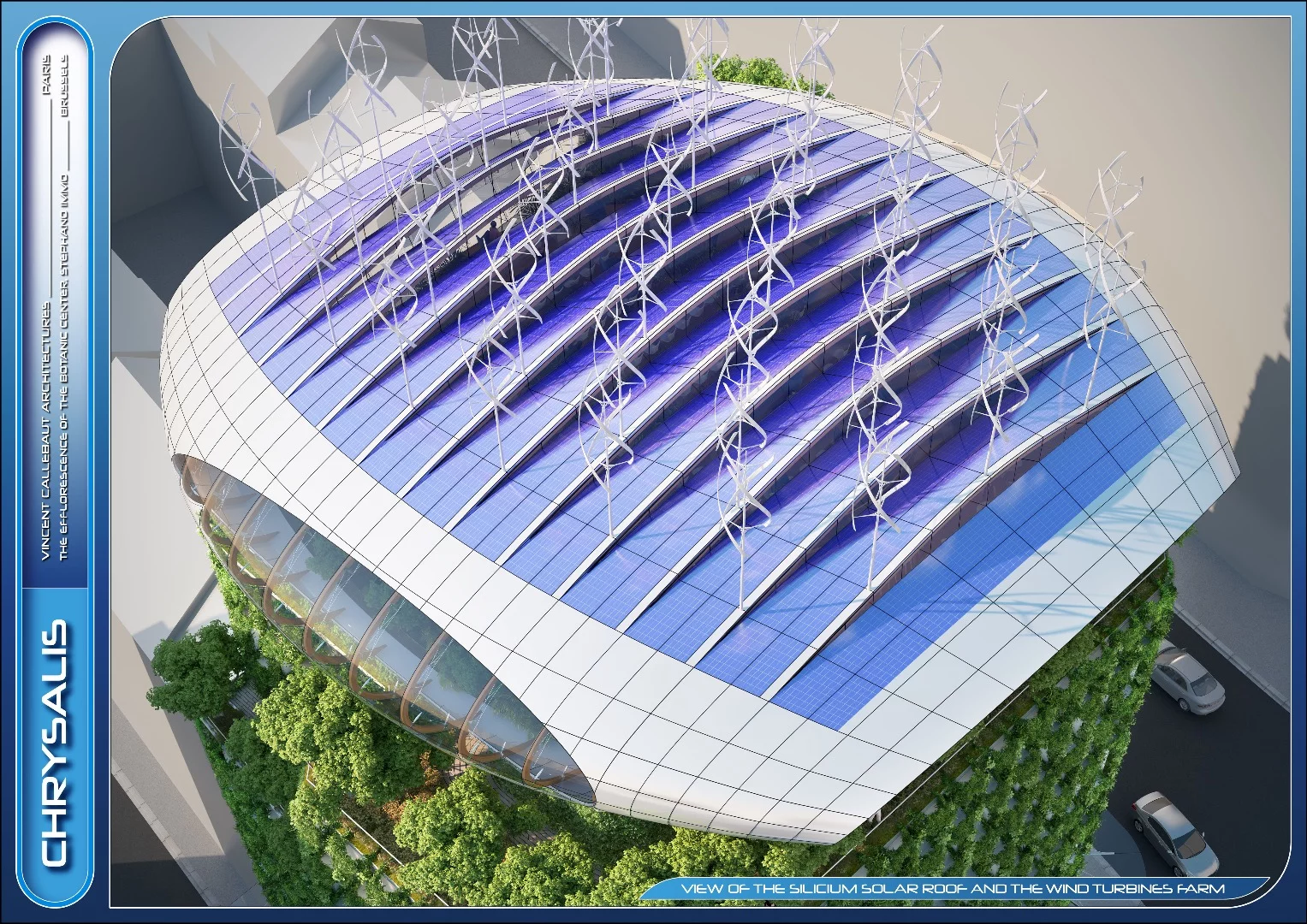 Sustainable technology rated for the project centers around a large solar panel array on the roof, which would combine with 42 wind turbines to produce an estimated 128,340 kWh/year