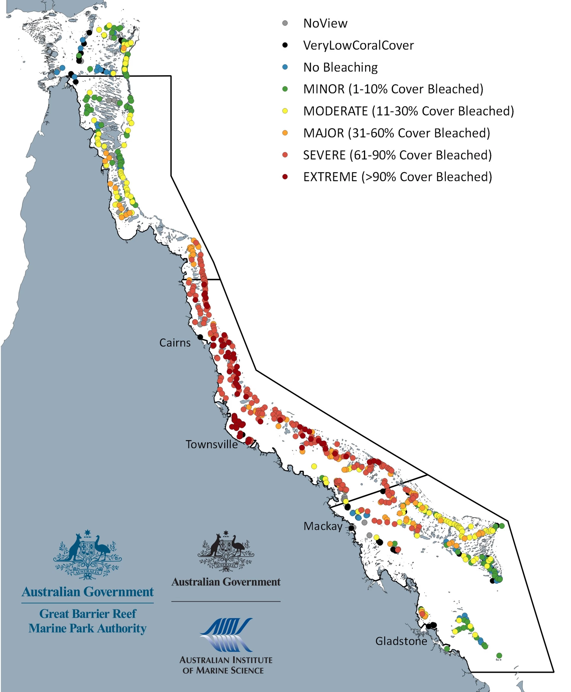 A map of coral bleaching severity following a string of heatwaves over the Australian summer of 2020