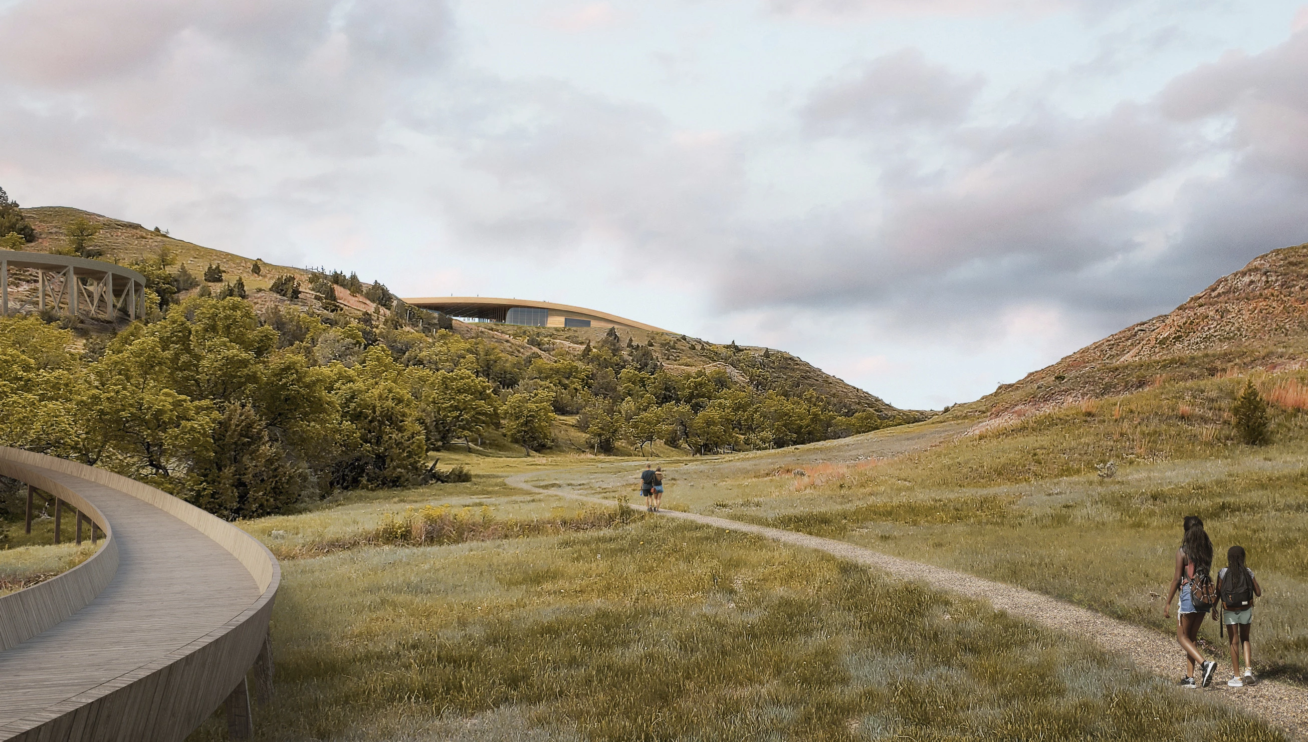The Theodore Roosevelt Presidential Library is designed to blend into the landscape