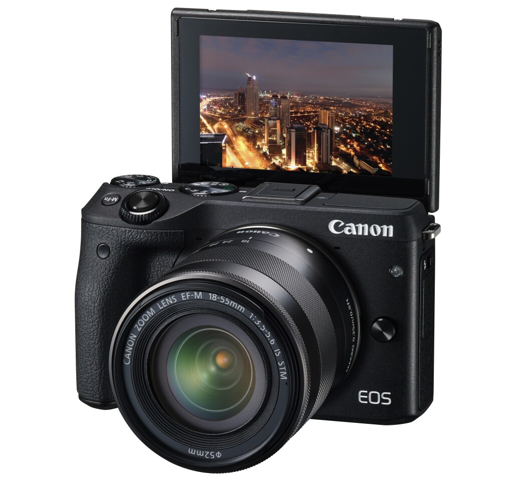 The rear 3-inch touchscreen monitor of the Canon EOS M3 can be angled for awkward or selfie shooting