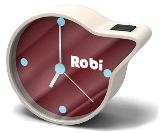 A custom clock made in the shape of Robi's head