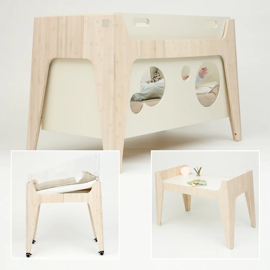 Castor & Chouca's Soleil convertible baby bed starts life as a cradle and ends up as a junior desk
